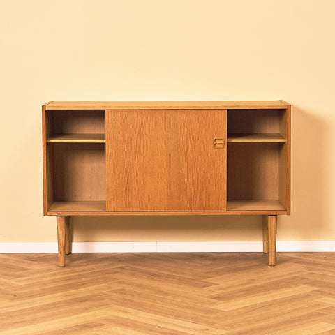 Danish Oak Sideboard with Sliding Doors, front view with both ends open