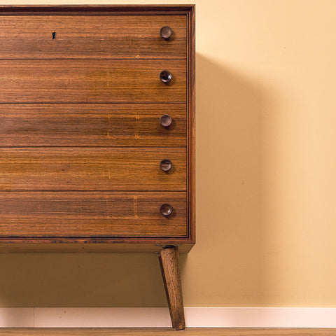 Danish Santos Rosewood Chest of Five Drawers, three-quarter view