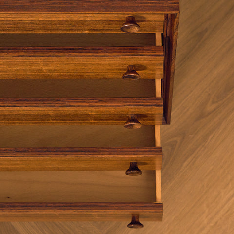 Danish Santos Rosewood Chest of Five Drawers, close-up of the open drawers