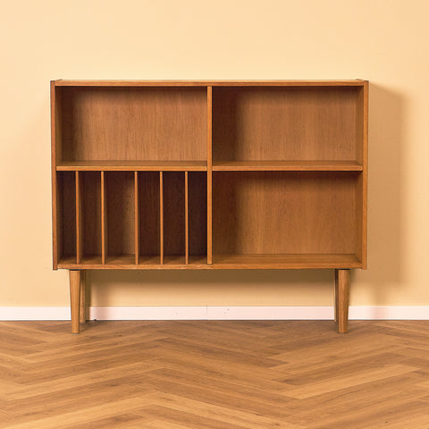Danish Oak Bookshelf with Record Dividers, front view