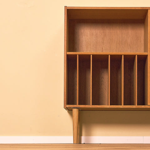 Danish Oak Bookshelf with Record Dividers, close-up of the record section in oak