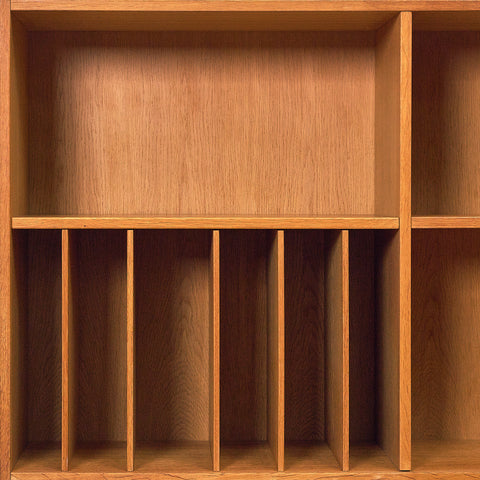 Danish Oak Bookshelf with Record Dividers, close-up of the record dividers