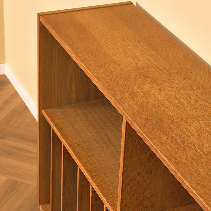 Danish Oak Bookshelf with Record Dividers, three-quarter view