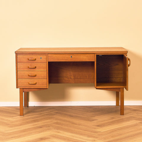 Danish Teak Writing Desk with Shelved Back, front view with the cabinet door open