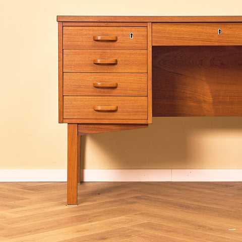 Danish Teak Writing Desk with Shelved Back, close-up of the drawer bank and leg
