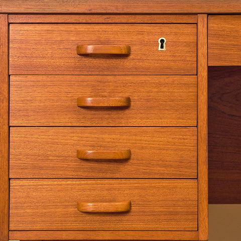 Danish Teak Writing Desk with Shelved Back, close-up of the drawer bank in teak