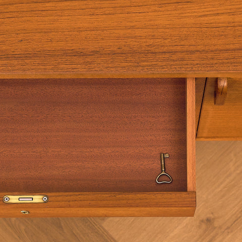 Danish Teak Writing Desk with Shelved Back, close-up of the centre drawer with its key