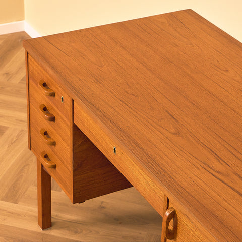 Danish Teak Writing Desk with Shelved Back, three-quarter view
