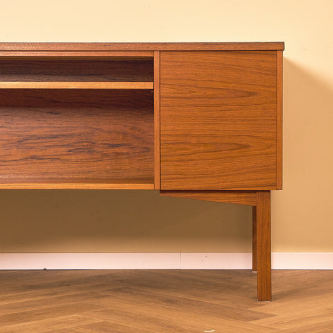 Danish Teak Writing Desk with Shelved Back, back view showing the shelf and cabinet