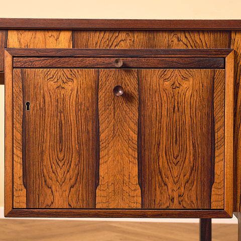 Erik Wørts Exclusive Santos Rosewood Writing Desk with Patchwork Drawers, close-up of the drop-front compartment in Santos rosewood
