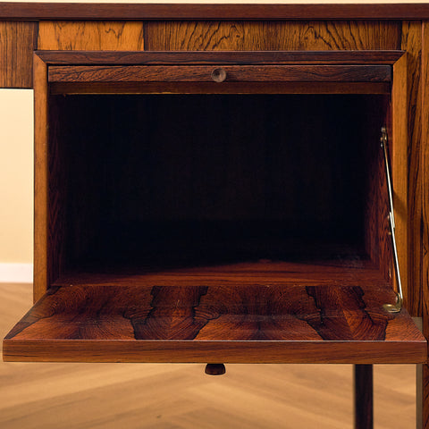Erik Wørts Exclusive Santos Rosewood Writing Desk with Patchwork Drawers, close-up of the drop-front interior