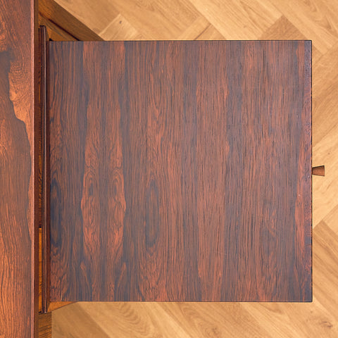 Erik Wørts Exclusive Santos Rosewood Writing Desk with Patchwork Drawers, close-up of the drop-front flap in Santos rosewood