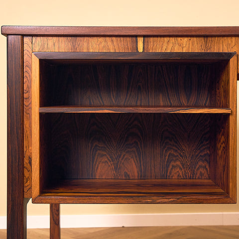 Erik Wørts Exclusive Santos Rosewood Writing Desk with Patchwork Drawers, close-up of the open shelves at the back