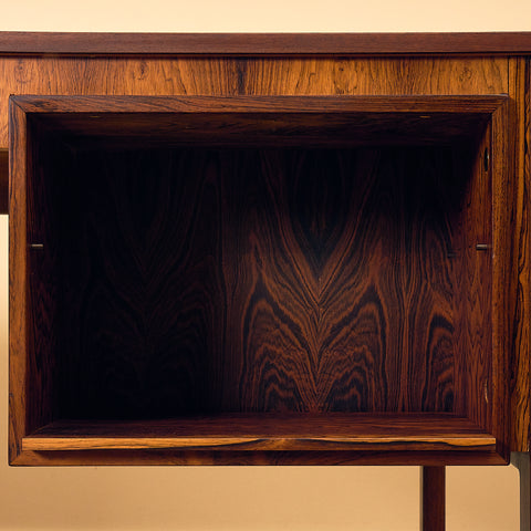 Erik Wørts Exclusive Santos Rosewood Writing Desk with Patchwork Drawers, close-up of the rear compartment in Santos rosewood