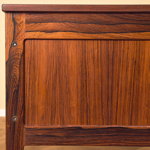 Erik Wørts Exclusive Santos Rosewood Writing Desk with Patchwork Drawers, close-up of the side panel in Santos rosewood
