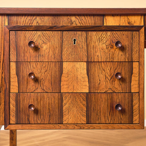Erik Wørts Exclusive Santos Rosewood Writing Desk with Patchwork Drawers, close-up of the drawer fronts in Santos rosewood