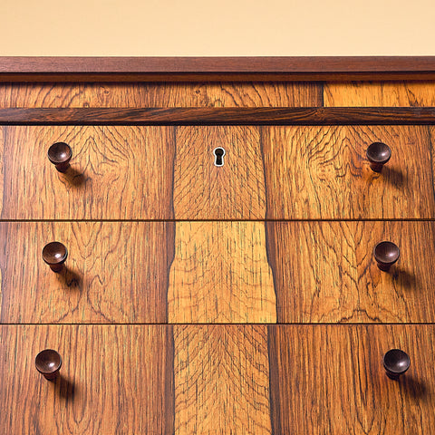 Erik Wørts Exclusive Santos Rosewood Writing Desk with Patchwork Drawers, close-up of the drawers and lock