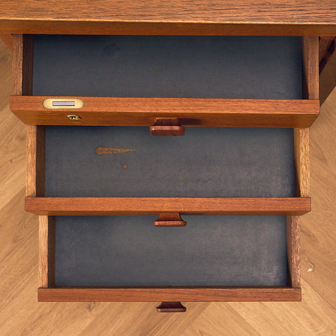 Domino Møbler Dark Teak Writing Desk with Six Drawers, left drawers open