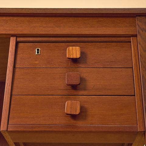 Domino Møbler Dark Teak Writing Desk with Six Drawers, three-quarter view of the right drawers