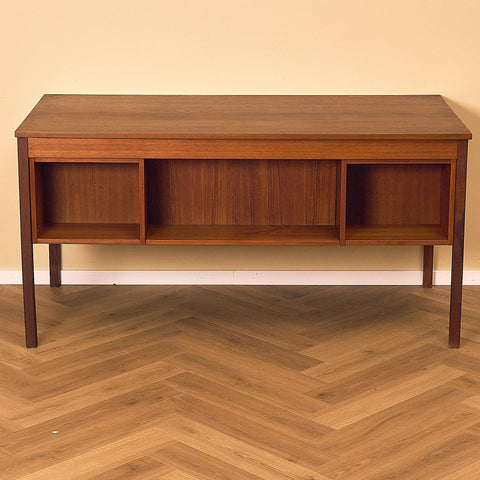 Domino Møbler Dark Teak Writing Desk with Six Drawers, back view with open compartments