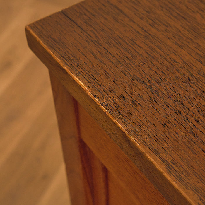 Dark Teak Writing Desk with Six Drawers, edge wear on the corner of the top