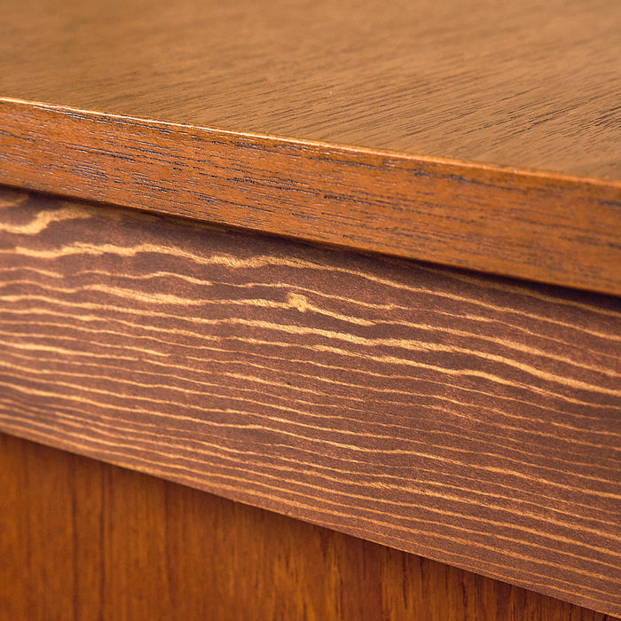 Dark Teak Writing Desk with Six Drawers, veneer wear on the front edge of the top