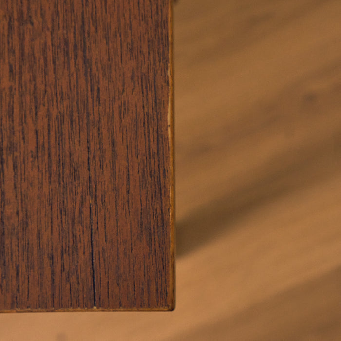 Dark Teak Writing Desk with Six Drawers, wear on the leg