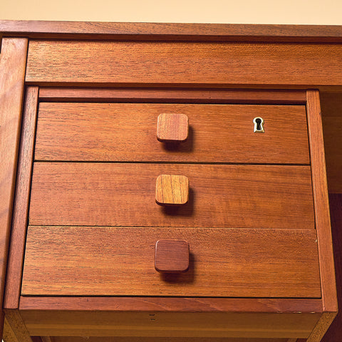 Domino Møbler Dark Teak Writing Desk with Six Drawers, three-quarter view of the left drawers