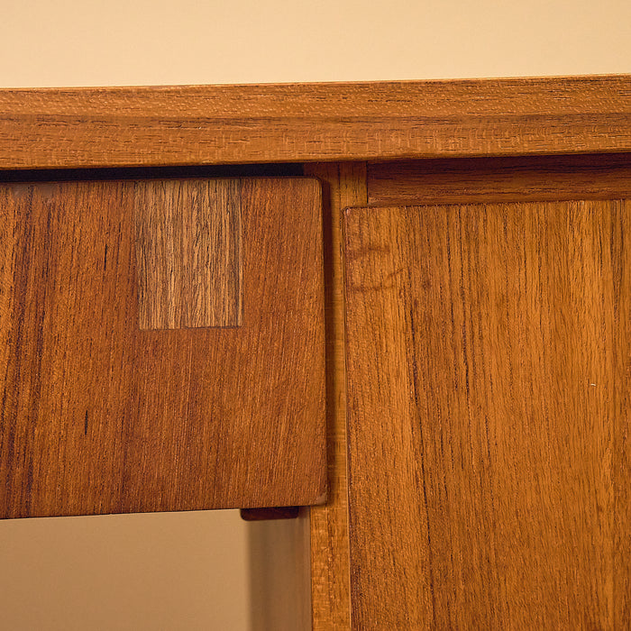 Teak Writing Desk with Tapered Legs, veneer patch on the centre drawer front