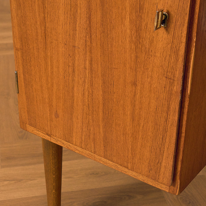 Teak Writing Desk with Tapered Legs, wear on the cabinet door edge