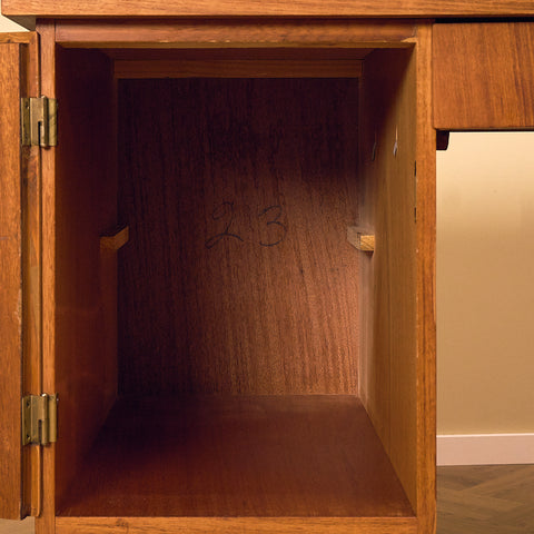 Teak Writing Desk with Tapered Legs, close-up of the cabinet interior