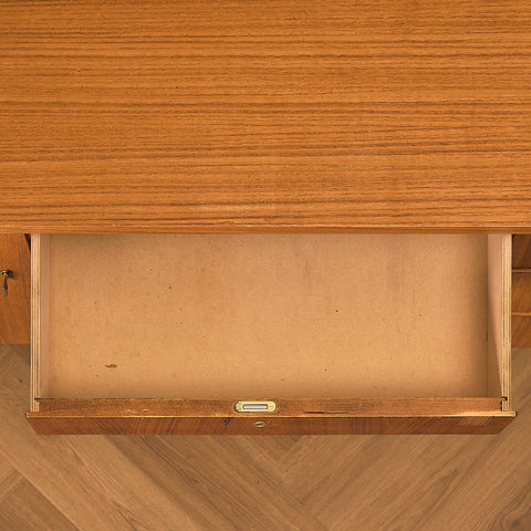 Teak Writing Desk with Tapered Legs, centre drawer open
